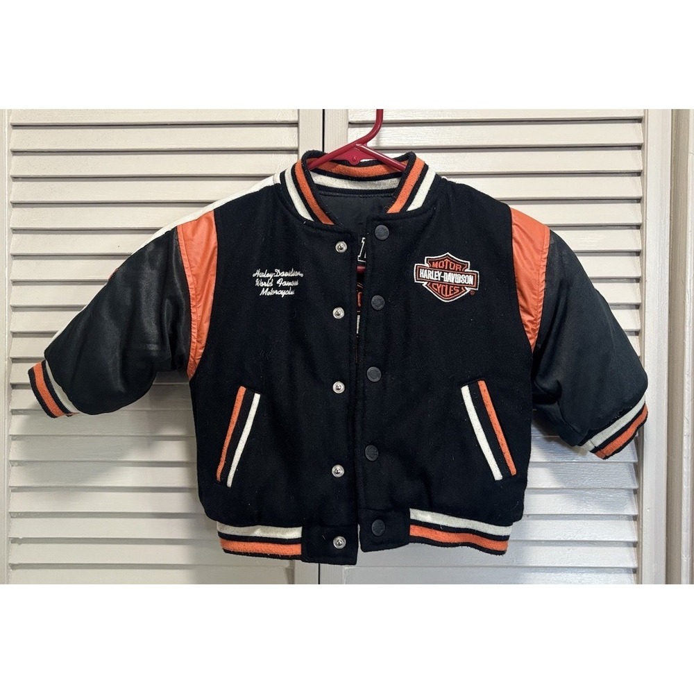 Harley Davidson Reversible Varsity Embroidered Jacket Size 18 Mos Black/Orange